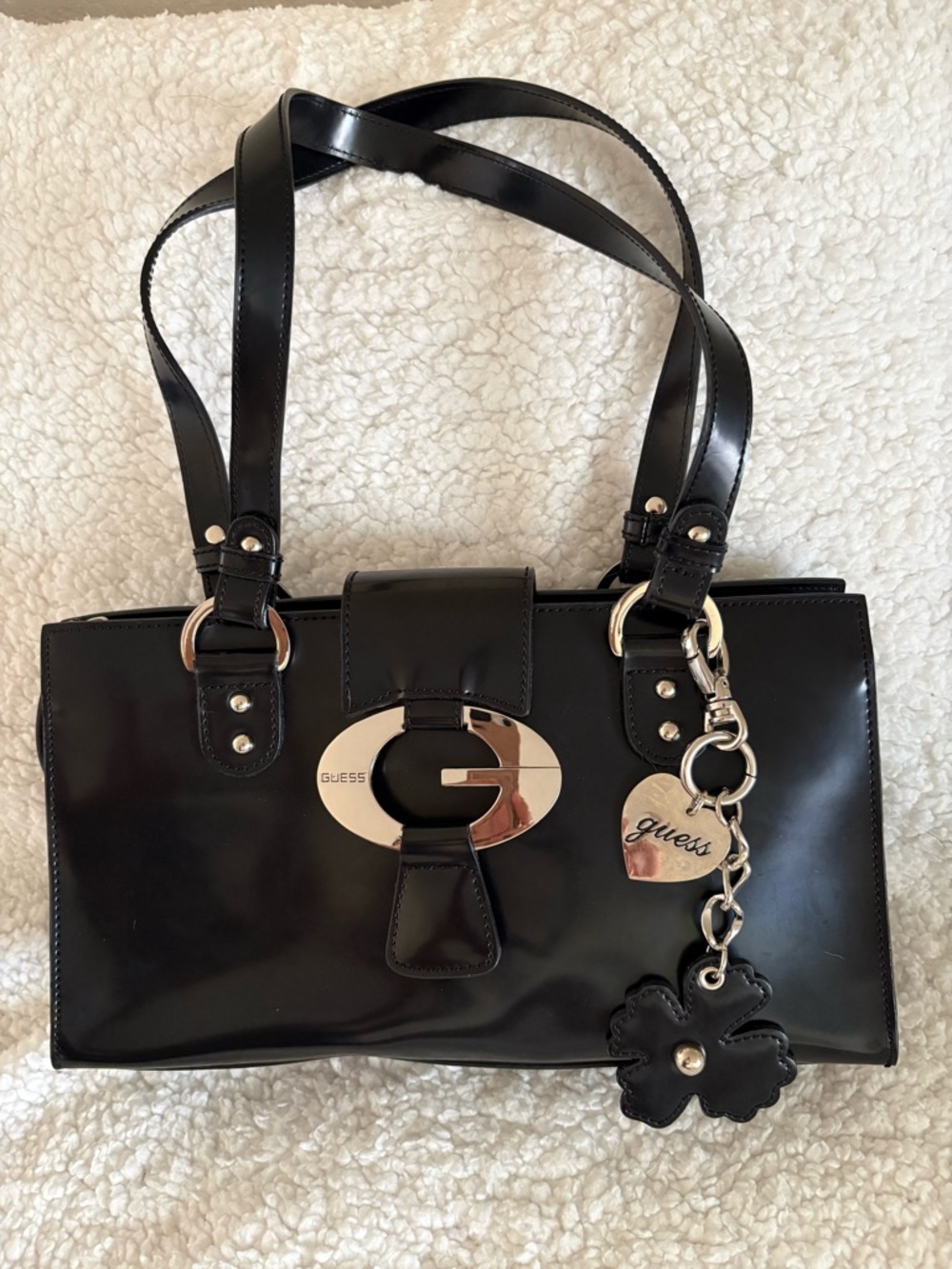 Guess Sleek Black Hand Bag with Bag Charms